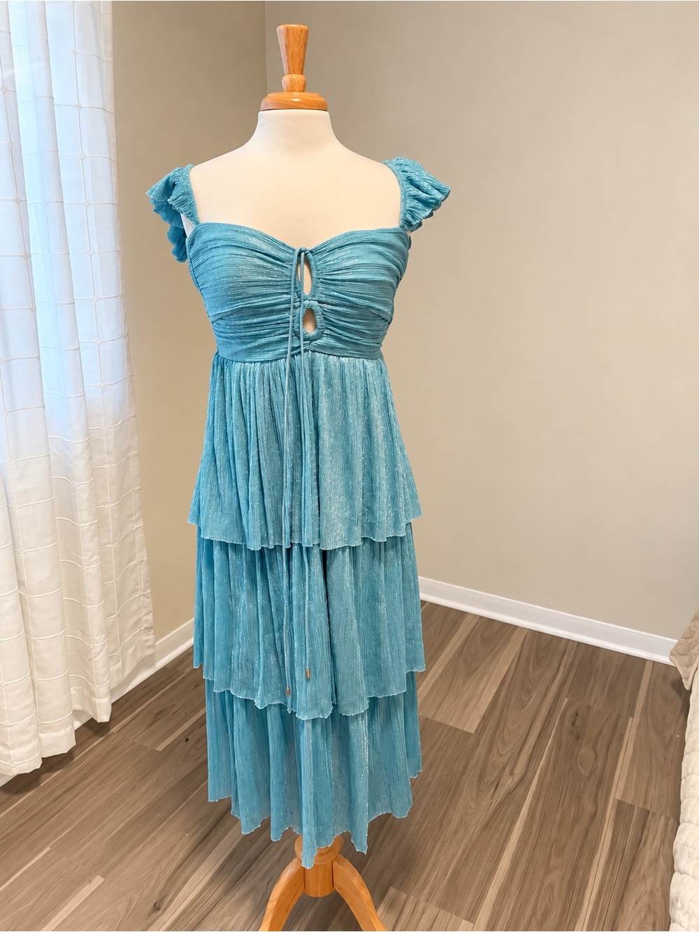Sabina Musayev Zendaya Metallic Tiered Maxi Dress Aqua – Size Large